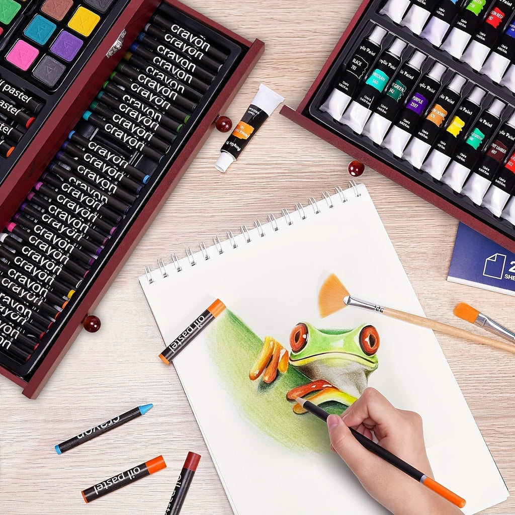 175-Piece Deluxe Art Set in Wooden Case – Professional Art Kit with 2 Drawing Pads, Crayons, Acrylic Paints & Colored Pencils, All-in-One Paint Supplies Gift for Kids & Adults, Cherry Pink Purple Blue Wood Brown