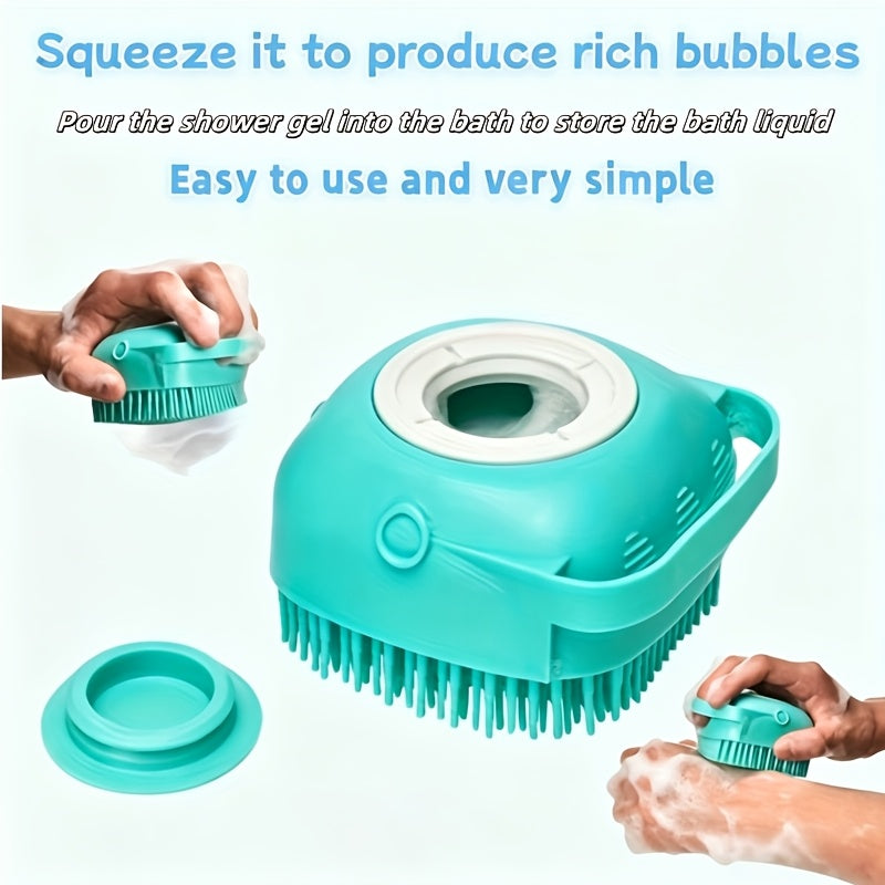 Pet Grooming Bath Brush with Built-In Shampoo Dispenser Dog Cat Massage Brush De-Shedding Scrubber Ergonomic Handle Soft Silicone Bristles for Bathing Dogs Cats Blue