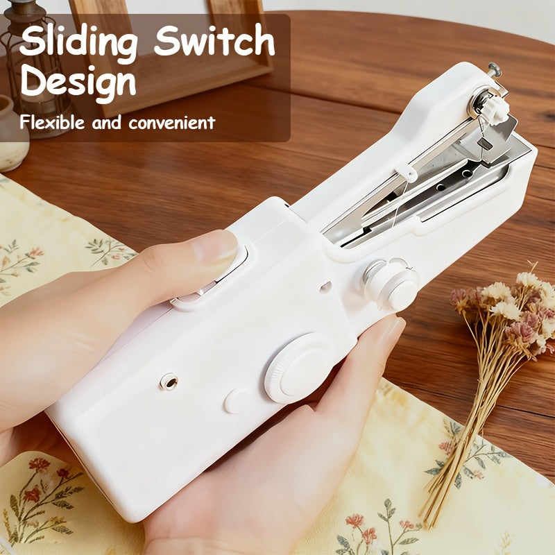 Compact Handheld Sewing Machine Kit Portable Battery Powered with Needles Bobbins Thread Spool Needle Threader and Fabric Sample – Quick Repair Tool for Clothes Garments Curtains and DIY Sewing Projects