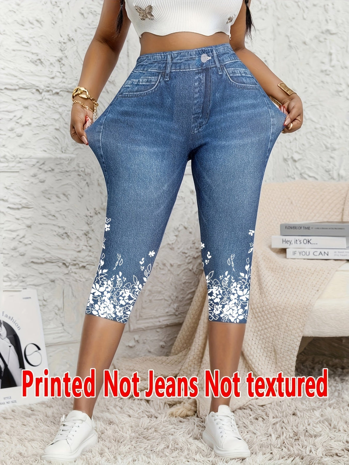 Women Faux Denim Print Leggings Capri Pants Stretch Tight Printed Cropped Pants Mixed Colors Blue Flower S M L XL XXL
