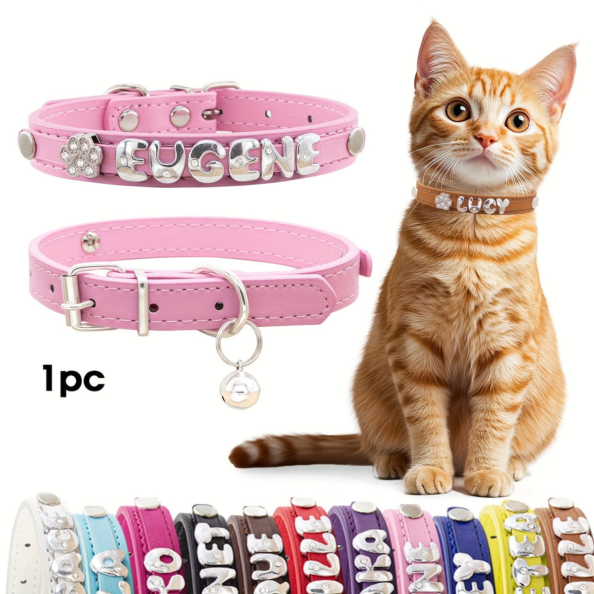 Personalized Faux Leather Cat & Dog Collar with Pendant Tag, Customized ID Collar for Small & Medium Dogs and Cats, Adjustable Pet Collar with Exquisite Charm Decoration, 11 Colors XS to M