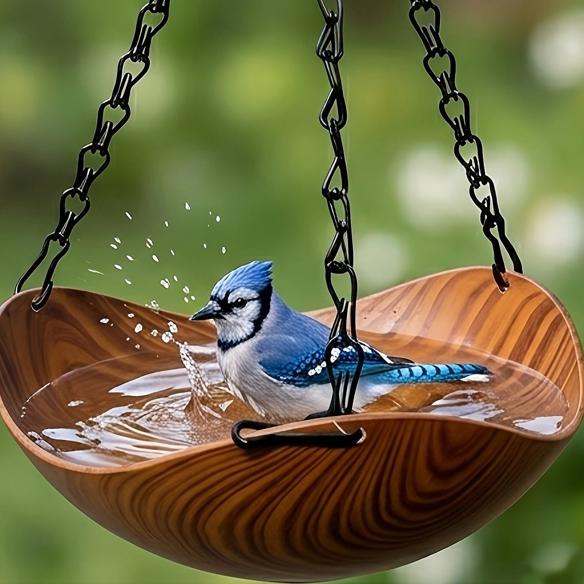 Hanging Bird Feeder and Water Bath 2 Pack - Bowl-Shaped 1-Tier Feeder with Wood Grain Appearance, Thickened Metal Chain & Stable Hook, Spacious Outdoor Garden Bird Feeder for Wild Birds