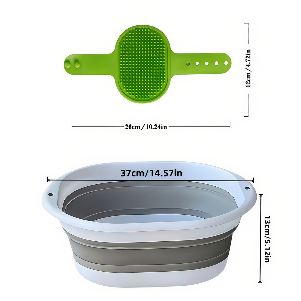 Collapsible Pet Bathtub with Grooming Brush Set – Portable Foldable Dog Cat Bath Tub for Small Pets, Travel & Camping Ready, Multi-Purpose Washing Basin for Home & Outdoor Use