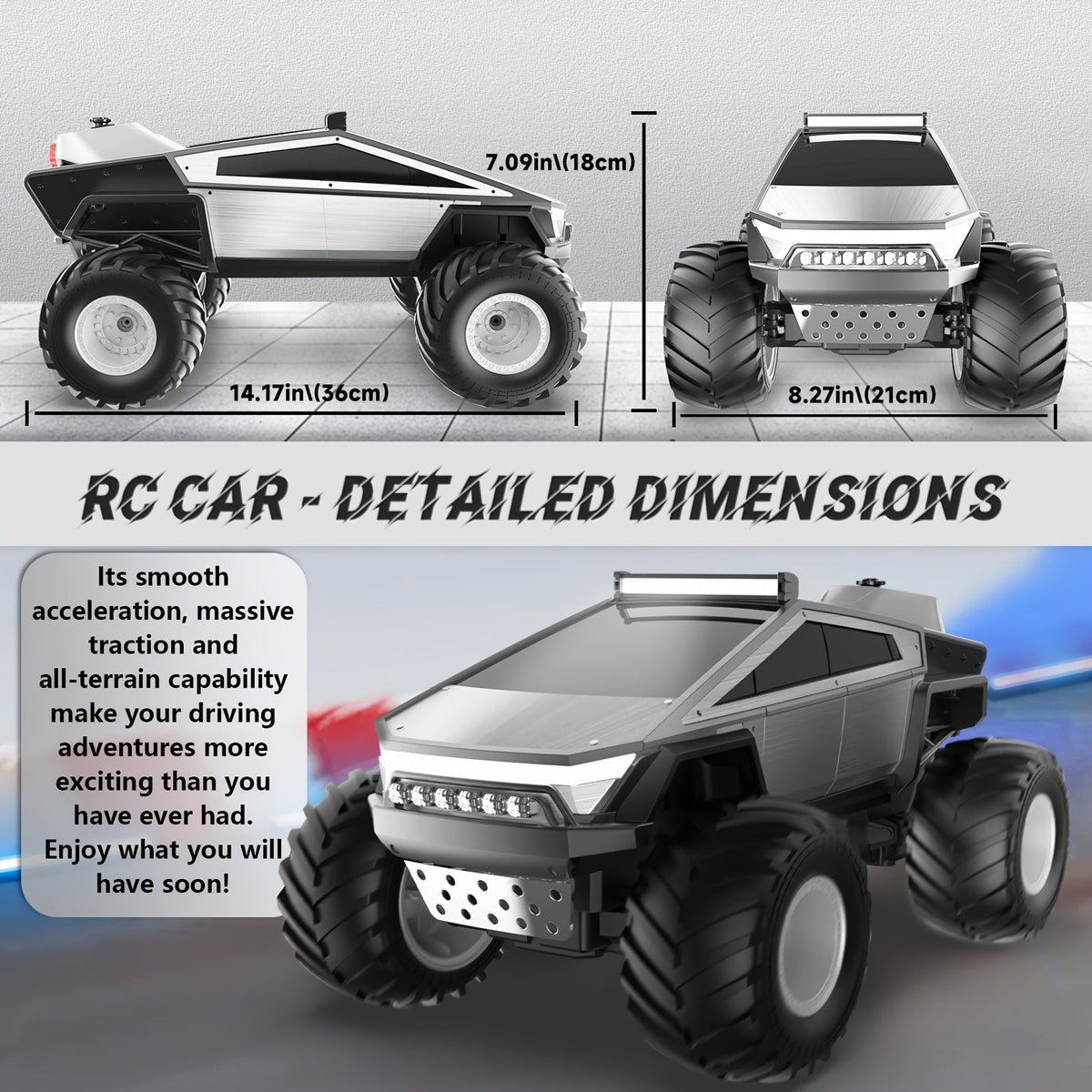 RC Monster Truck Toy 1:12 Scale 2.4GHz 4WD All Terrain Remote Control Car with LED Lights Realistic Sound Effects Ergonomic Grip Off-Road Vehicle for Kids Adults