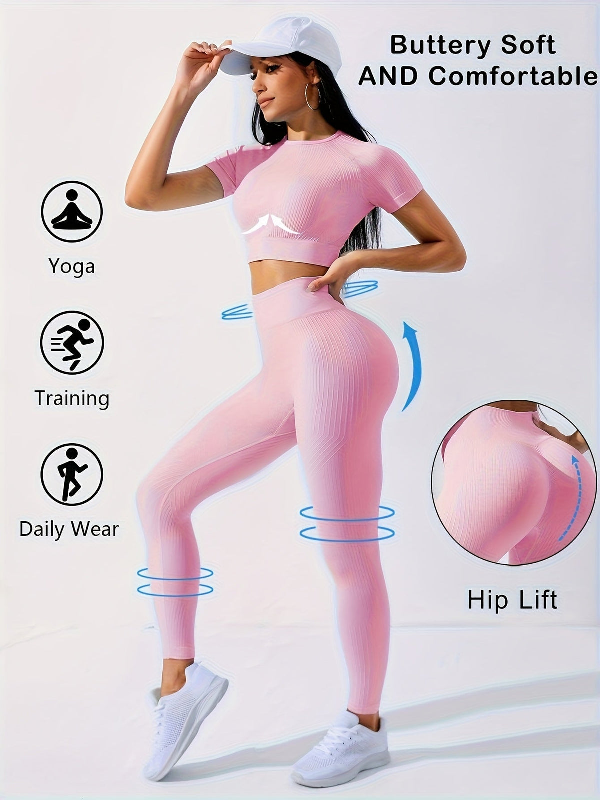 Women's 2-Piece Workout Set - Yoga Crop Top & High Waist Leggings, Crew Neck Medium Stretch Solid Color All-Season Activewear for Gym Fitness Pilates Running, Sizes XS-XL