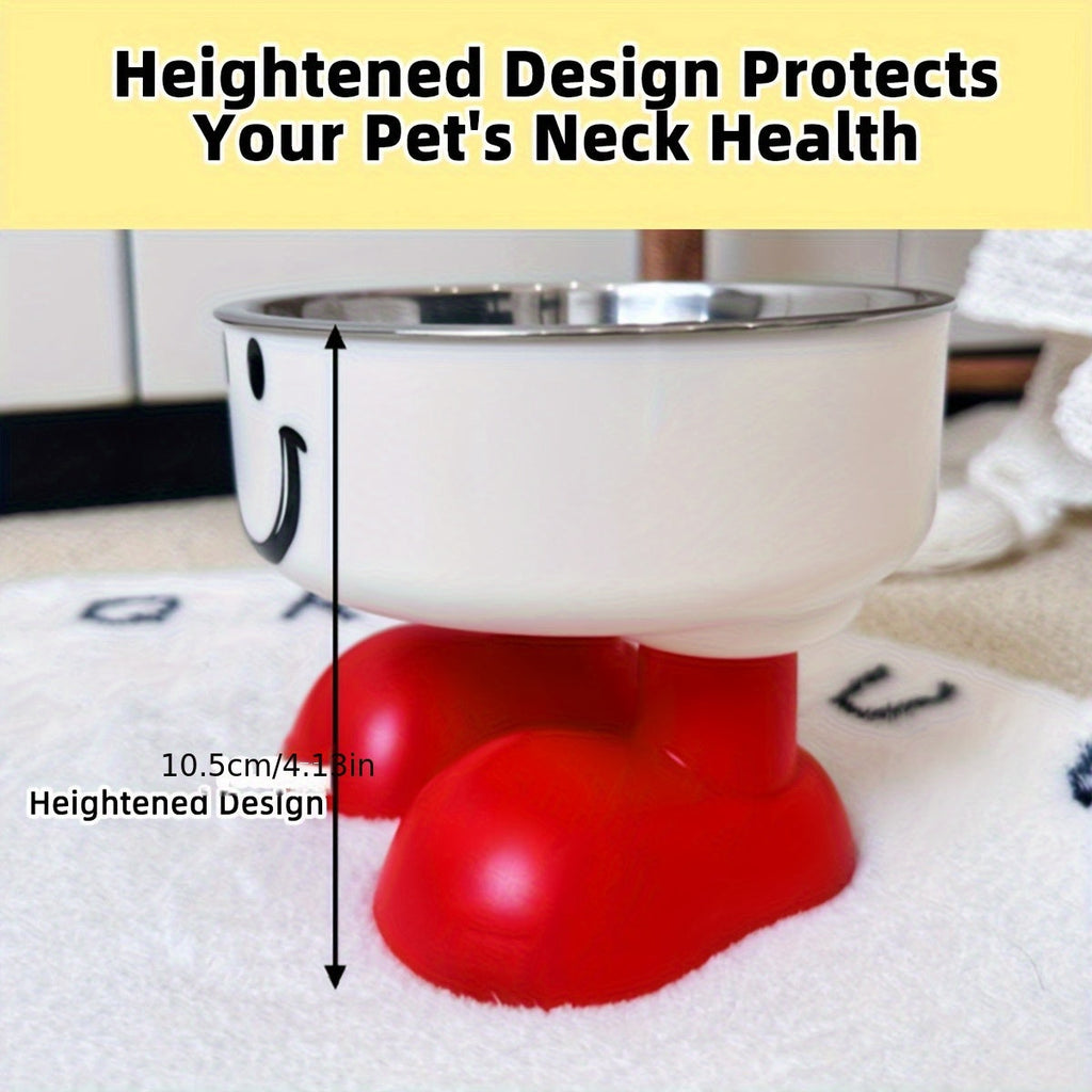 Elevated Stainless Steel Cat & Dog Bowl with Cute Face Design – High-Legged Raised Pet Food Bowl, Anti-Tip Cervical Spine Protection, Non-Slip Cat Food Bowl and Dog Bowl for Indoor Pets