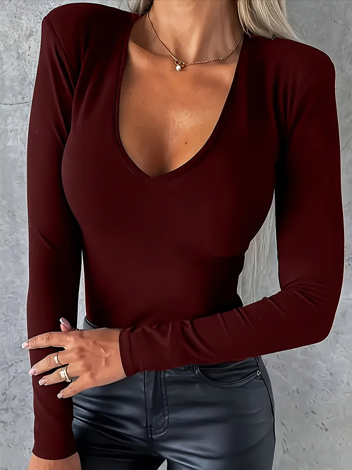 Y2K Deep V-Neck Sexy Bodycon Long Sleeve T-Shirt Women Fitted Stretch Top Solid Color Slim Fit Base Layer Inner Wear Casual Going Out Top