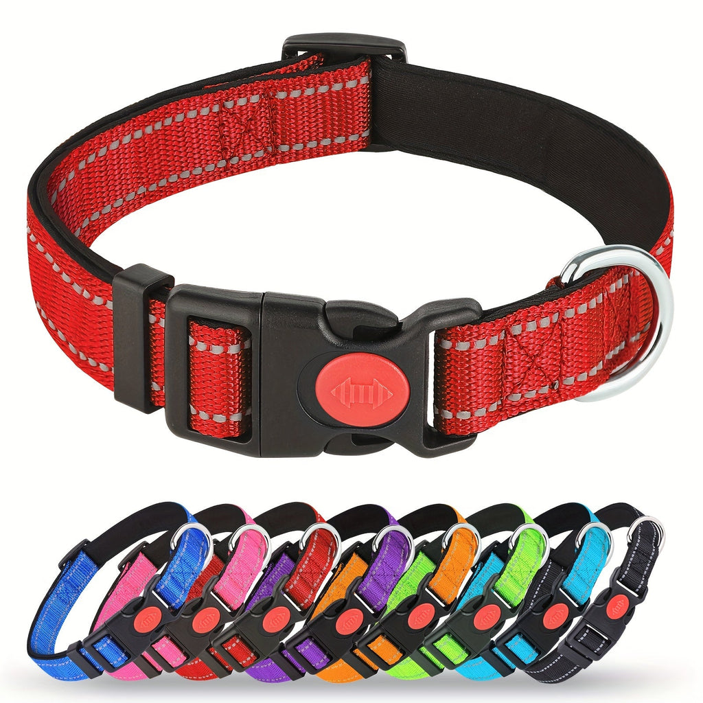 Reflective Dog Collar with Safety Locking Buckle - Adjustable Soft Neoprene Padded Breathable Nylon Pet Collar for Small Medium Large Dogs, Night Visibility Safety Collar