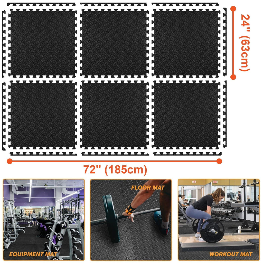 EVA Foam Puzzle Exercise Mat 24 SQFT 6-Tile Interlocking Floor Mat 24x24x0.5 Inch for Gym Garage Home Office Yoga Gymnastics Pilates Black
