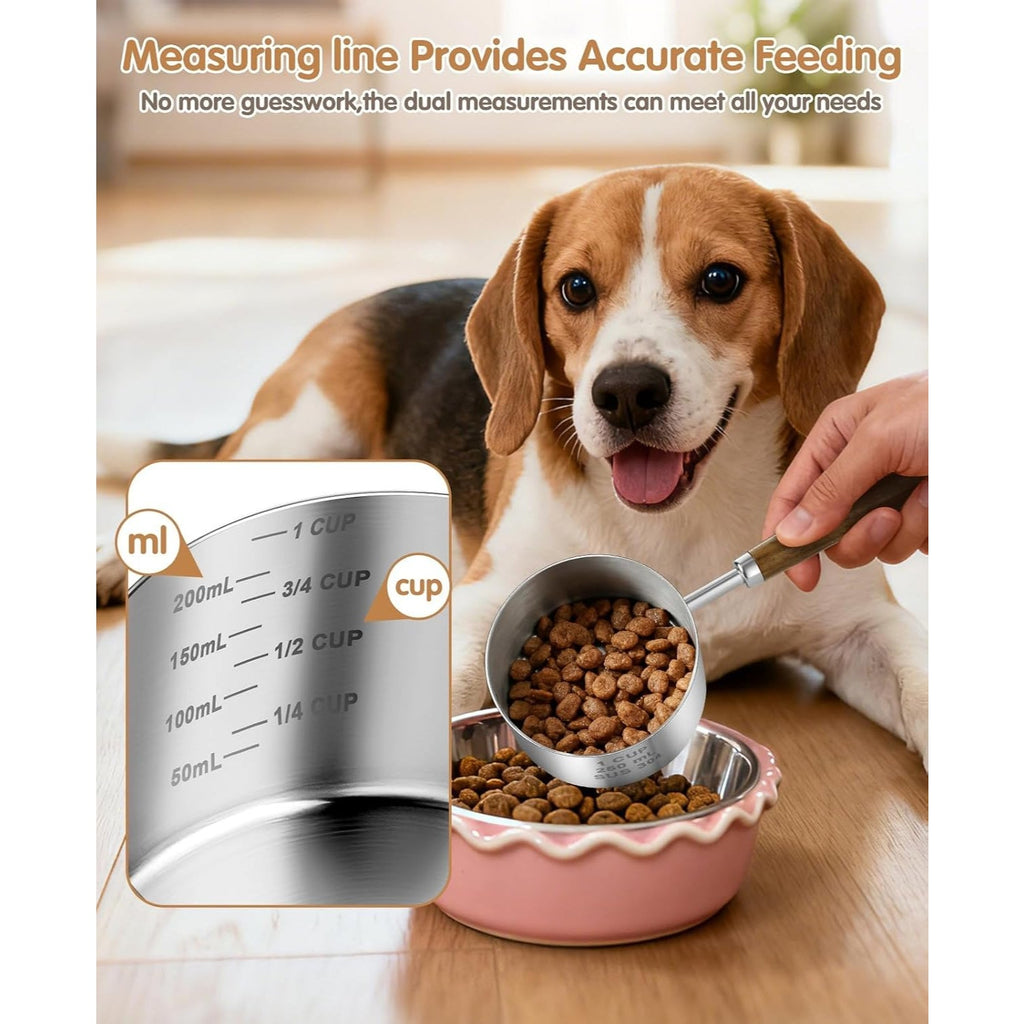 Stainless Steel Dog Food Scoop 1 Cup with Measuring Lines & Long Handle - Metal Pet Food Measuring Cup for Dogs & Cats - Durable Dog Cat Food Scoop with Cup & ML Markings for Accurate Portion Control