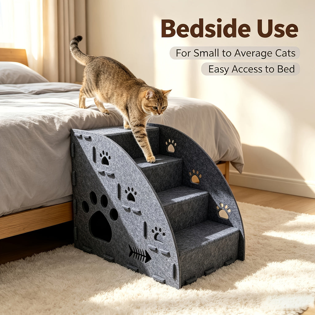 Felt Pet Stair Ramp with Cat Teaser Toy Bundle - Gentle Slope Non-Slip Cat Steps for Sofa & Bed Access, 3-in-1 Multifunctional Design, 3 Sizes (Small/Medium/Large) for Cats & Small Dogs