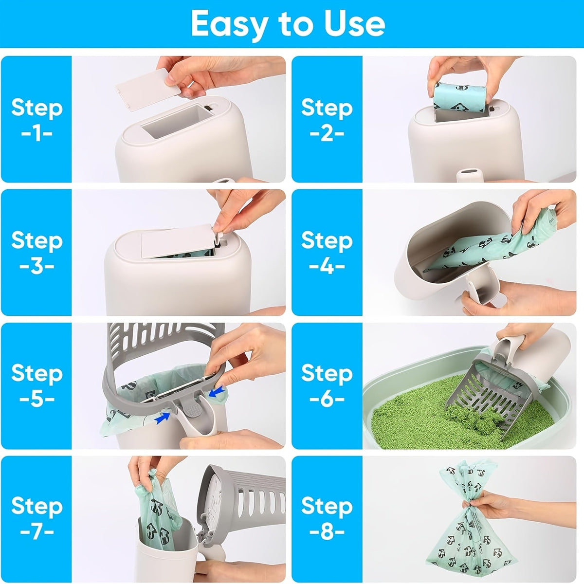 Cat Litter Scoop with Stand & Spare Bag – Large Capacity Spill-Proof Scooper, Seamless Construction, Sturdy Base, Easy Clean Waste Disposal for Multi-Cat Homes & Travel, Grey White