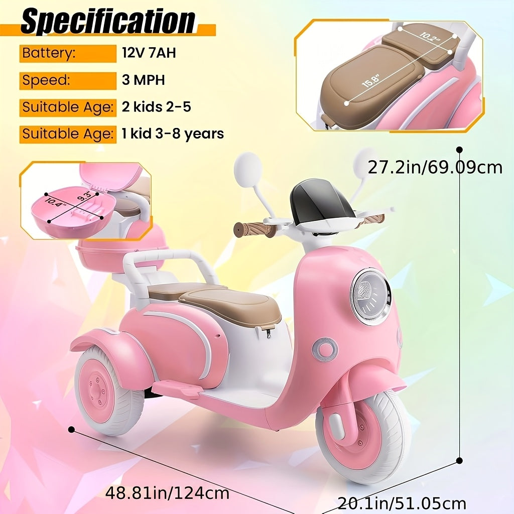 12V Kids Ride-On Motorcycle 3-Wheel Moped 2-Seater Electric Car with Dual Motor, Horn, LED Lights, Large Storage Box – Battery Powered Bike for Boys Girls Ages 3-8, Best Christmas Birthday Gift
