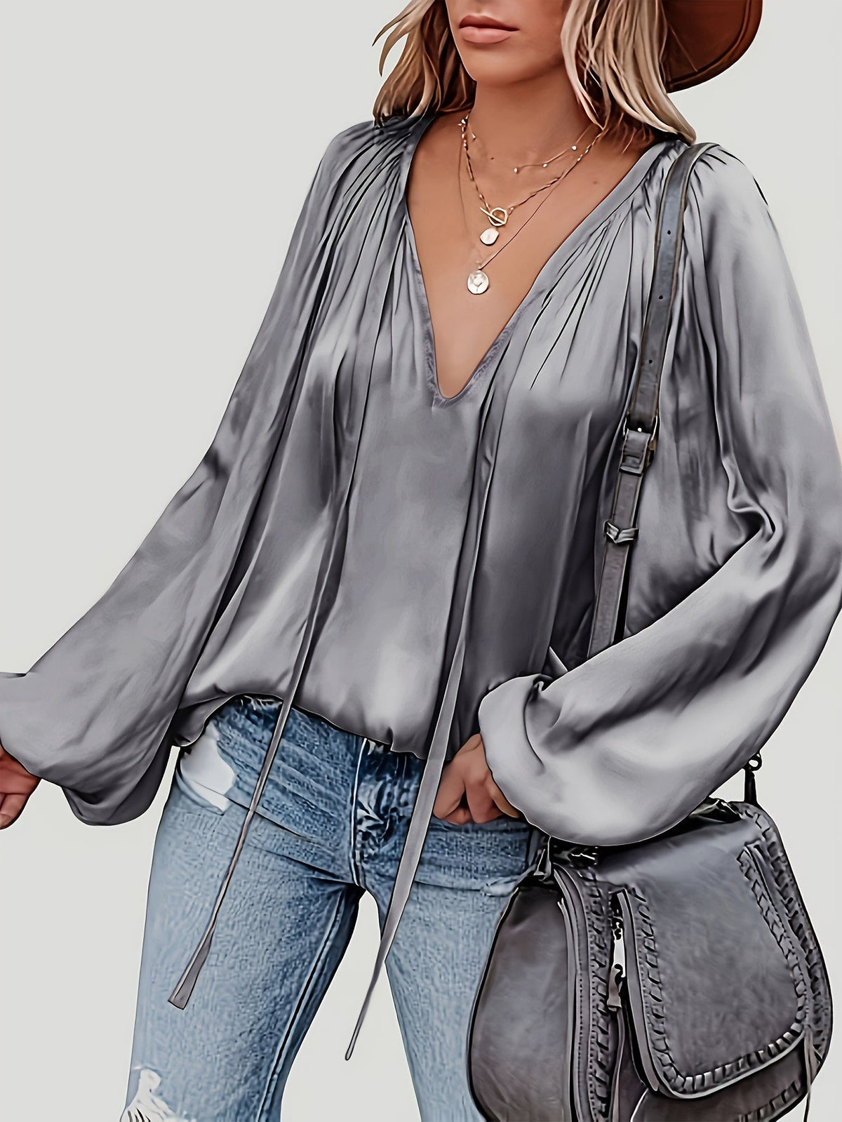 Women's Tie Neck Lantern Sleeve Blouse - Solid Color Ruched Loose Fit Casual Long Sleeve Top for Spring Fall | Comfortable Everyday Wear S-XXL