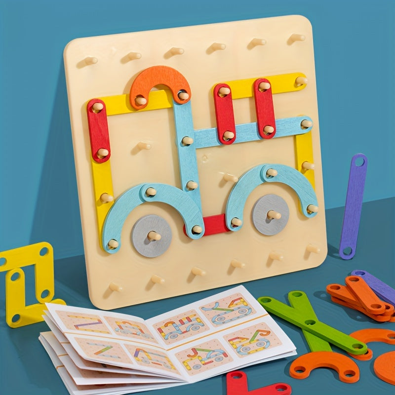 Wooden Nail Board Puzzle Toy for Kids – Creative Geoboard with Letters Numbers & Geometric Shapes, Montessori Sensory Educational Toy, Parent-Child Building Activity, Birthday Halloween Christmas Gift for Boys Girls