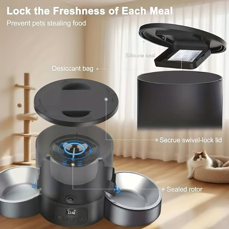 Automatic Cat Feeder 3L Dual Bowl – 102.5oz Timed & Portion-Controlled Pet Food Dispenser for Cats & Dogs, 1-6 Meals Per Day, Anti-Clog Push-Button, Battery Operated, Black
