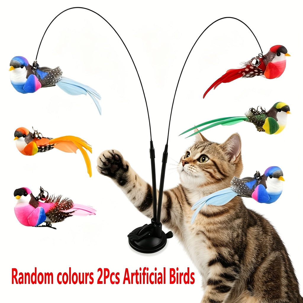 Interactive Cat Feather Bird Teaser Toy with Suction Cup Base – Hands-Free Double Rod Cat Wand Toy, Battery-Free Indoor & Outdoor Cat Toy, Non-Toxic Polyester, 2 Artificial Birds Included, Mixed Colors