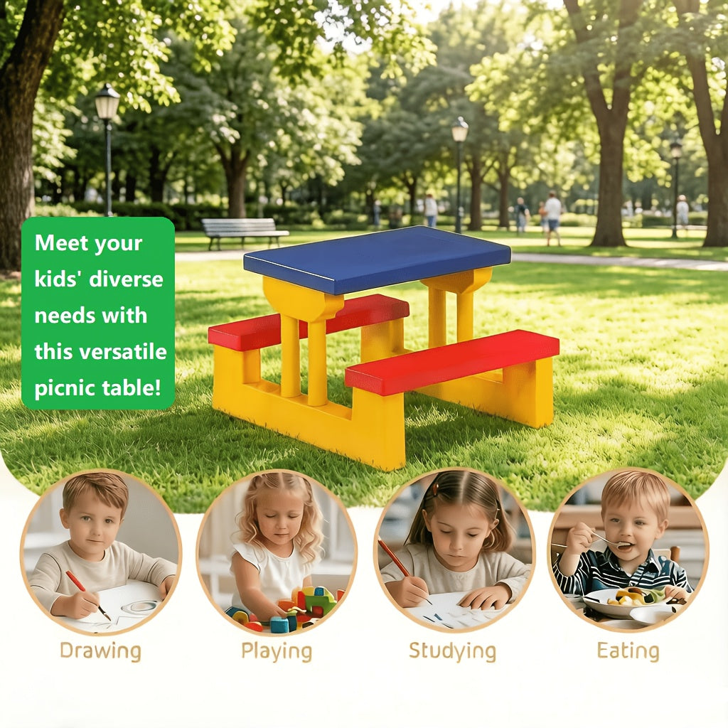 Kids Picnic Table with Removable Foldable Umbrella – 2-in-1 PP Table & Bench Set Seats 4 Children, UV Protection, Safe Rounded Edges, Indoor Outdoor Activity Table for Backyard Garden, Best Gift for Kids