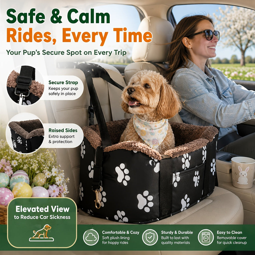 Puppy Portable Pet Booster Car Seat & Center Console Seat - Elevated Dog Car Seat for Small Dogs & Cats, Secure Buckle Pet Booster with Safety Leash, Black & Brown, Perfect for Small Pets