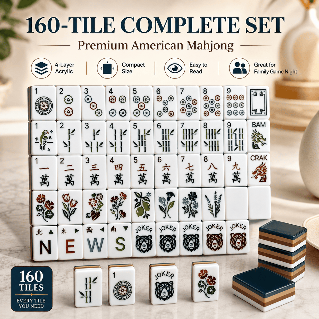 American Mahjong Set 160 Tiles with 4 Dice - Black Bear Theme Acrylic Tiles, 4-Layer Color Design, Easy-Read Tabletop Board Game for Family Gatherings & Parties | Fun Holiday Gift for Adults