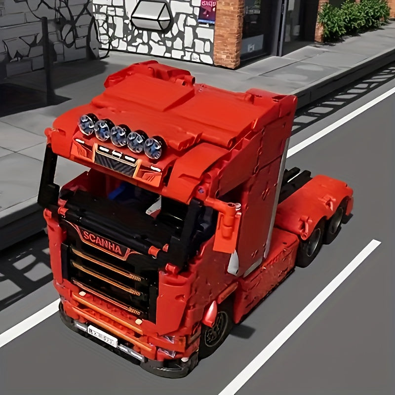1788pcs Heavy Truck Building Block Set - Semi Truck Head Vehicle Assembly Model with Mechanical Detail, Red Cab Brick Construction Kit for Adults & Teens | Holiday Birthday Gift for Truck Enthusiasts