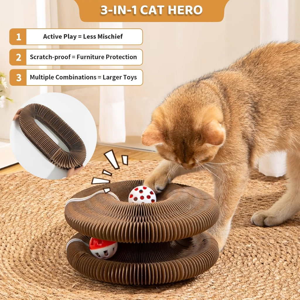 Magic Organ Accordion Cat Scratcher with Bell Ball – Interactive Cardboard Cat Scratch Board Toy, Compact Foldable Corner Design for Indoor Cats, Furniture Protector, 2 Styles