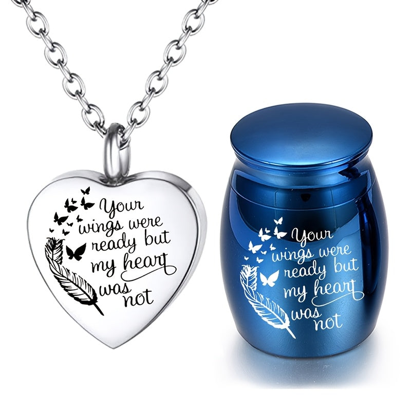 Heart Urn Necklace for Ashes – 2-Pack Carved Locket Charm Pendant for Men & Women, Stainless Steel Memorial Jewelry “Your Wings Were Ready But My Heart Was Not” Sympathy Gift