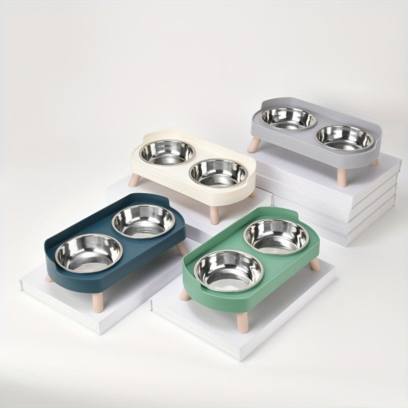 2-in-1 Cat Feeder and Water Dispenser with Stainless Steel Dual Bowl - Non-Slip Easy-Clean Pet Food & Water Station with Cute Cat Design, Healthy Hydration & Feeding Set for Cats & Small Dogs, Multiple Color Options