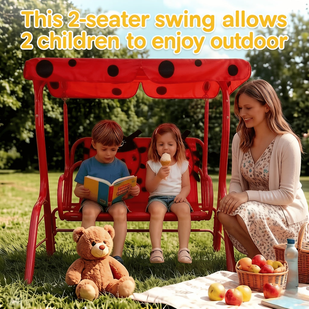 2-Seater Kids Outdoor Patio Swing Chair with Adjustable Sun Canopy Safety Belts Metal Stand Porch Swing Bench for Backyard Garden Balcony Ages 3+ 180 lbs Capacity