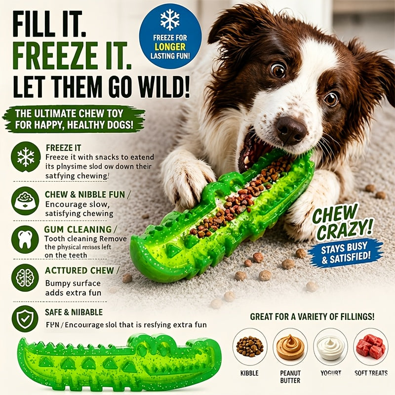 Crocodile Dog Food-Stashing Rubber Chew Toy – Interactive Slow Feeder & Enrichment Foraging Toy for All Breeds, Reusable Treat Dispensing Puzzle Toy, Chew-Resistant, Fun Green Design, Small & Large