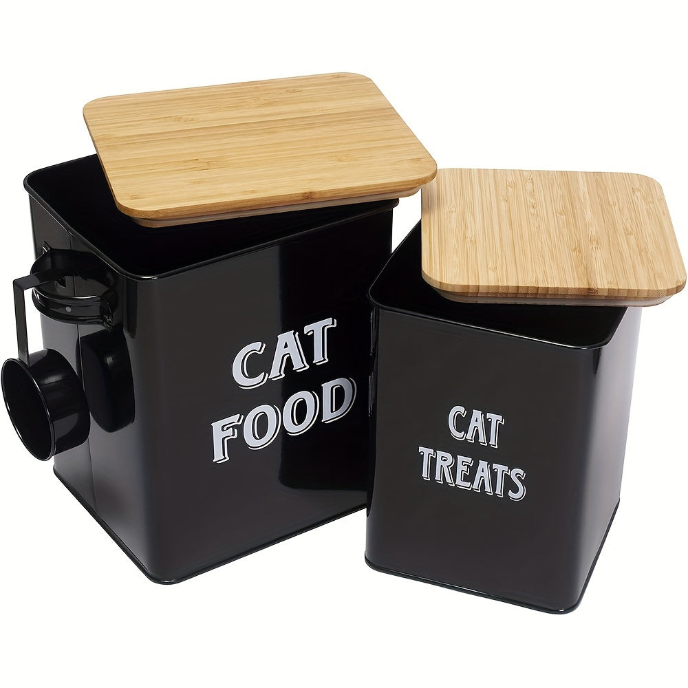 Metal Cat Food Storage Container with Scoop and Tight Fitting Lid - Vintage Airtight Cat Treat Canister for Dry Cat Food - Stylish Pet Food Storage Tin with Locking Lid Black