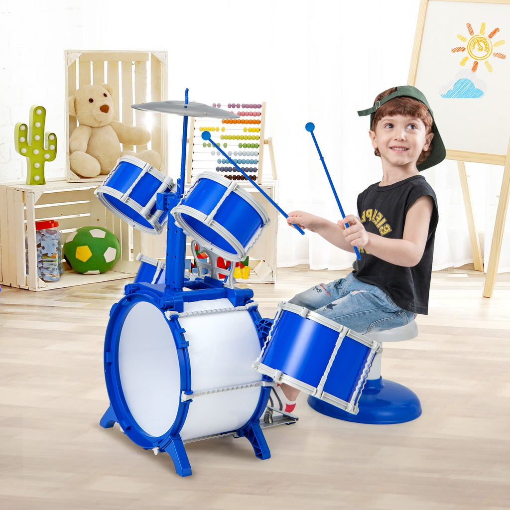Kids Drum Set for Toddlers & Children - Complete Jazz Kit with Bass Drum, 2 Mid Drums, 2 Snare Drums, Cymbal, Spring Foot Pedal, Drumsticks, Music Stand & Stool | Beginner Percussion Gift for Boys & Girls