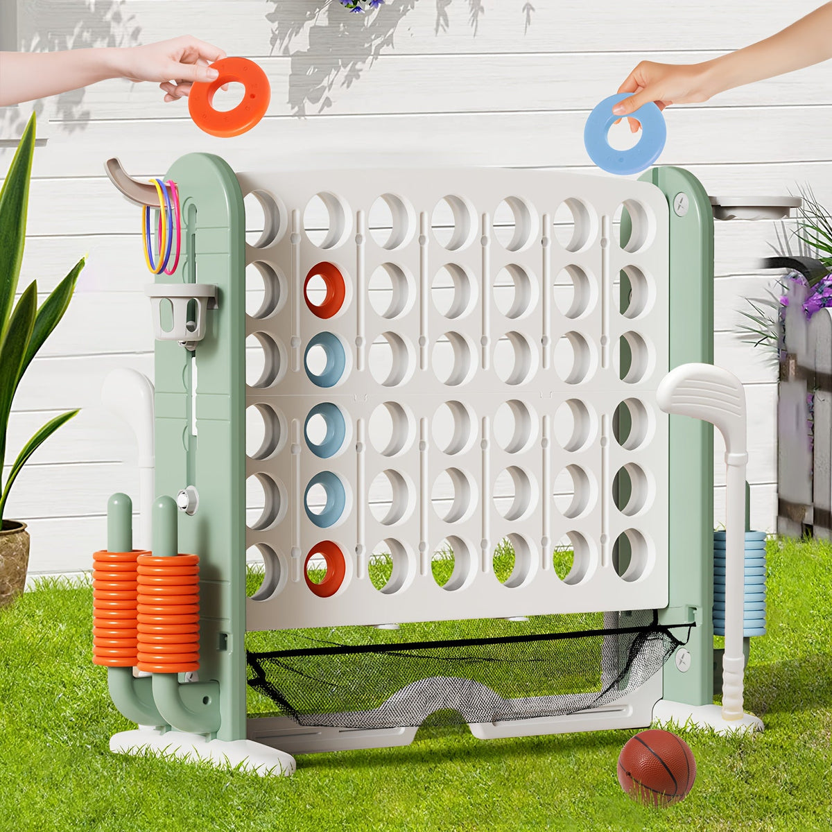 4-in-1 Giant Connect Four Game Set Adjustable Height Basketball Hoop Golf Ring Toss Kids Adults Indoor Outdoor Family Party Color Learning Educational Toy Gift