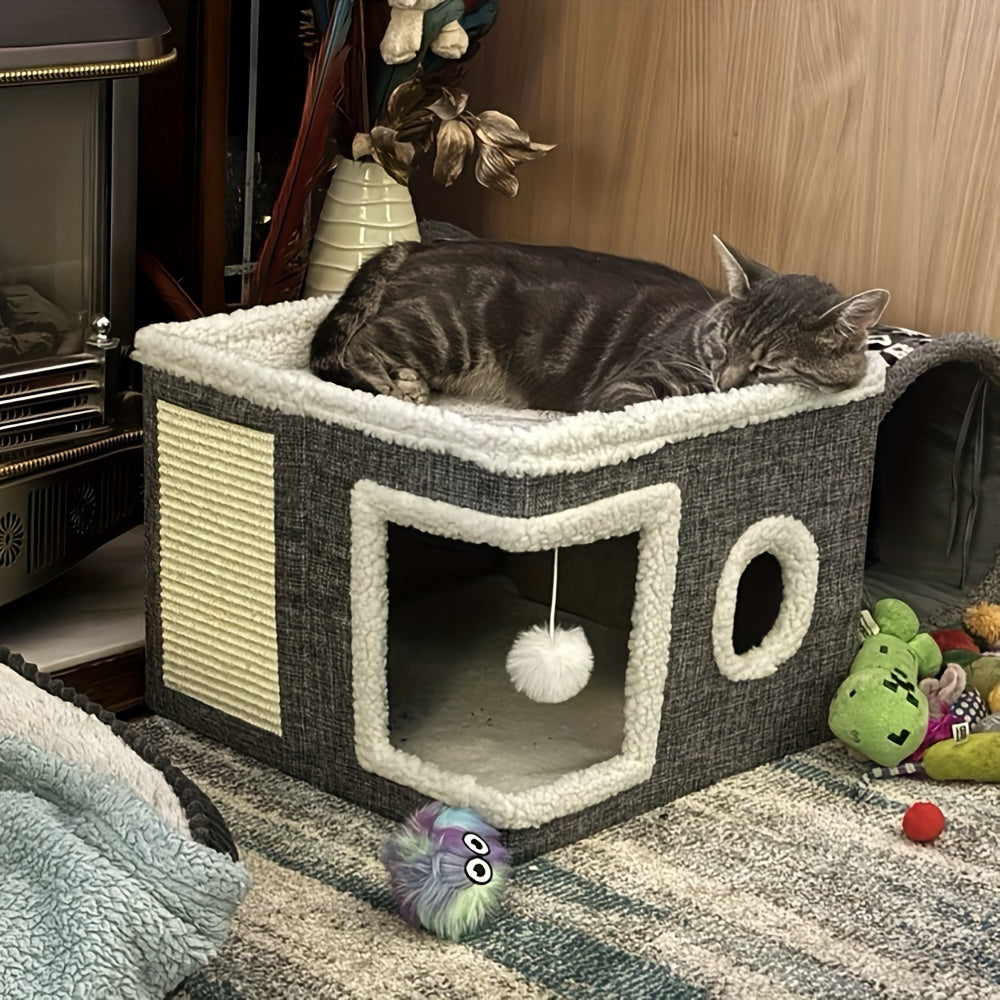Foldable Multi-Layer Cat House with 2-Tier Bed Toy Tunnel Scratching Post Plush Hanging Ball and Cozy Mat Indoor Cat Cube Enclosure Nylon Frame Canvas All-Season Cat Furniture