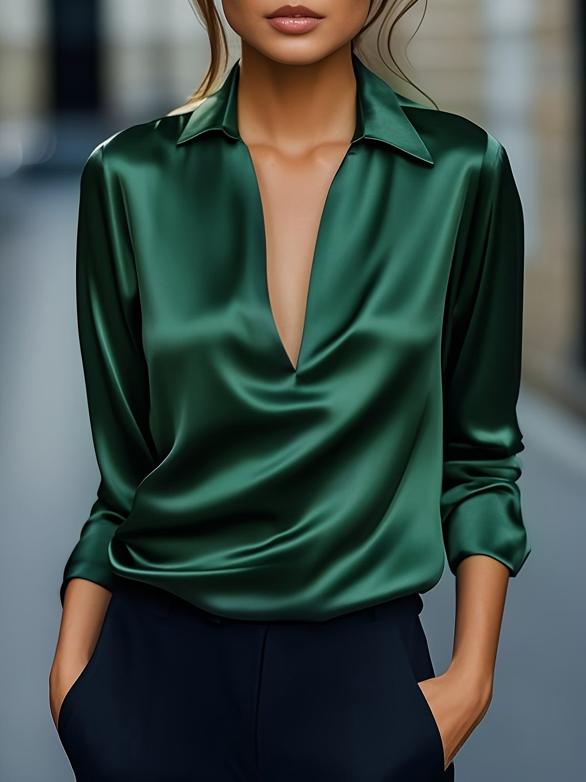 V-Neck Satin Blouse Women Elegant Solid Color Long Sleeve Loose Fit Casual Office Shirt Top S M L XL XXL Multi Color