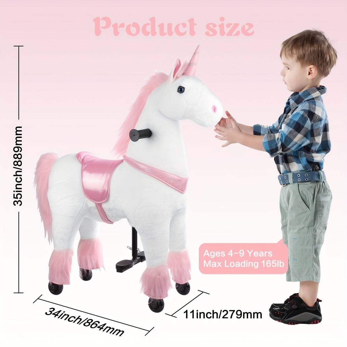 Kids Ride On Unicorn Horse Toy with Wheels Plush Walking Animal No Battery Required Size S and M for Ages 3 to 9 Pink Unicorn White Unicorn Birthday Christmas Gift for Boys Girls