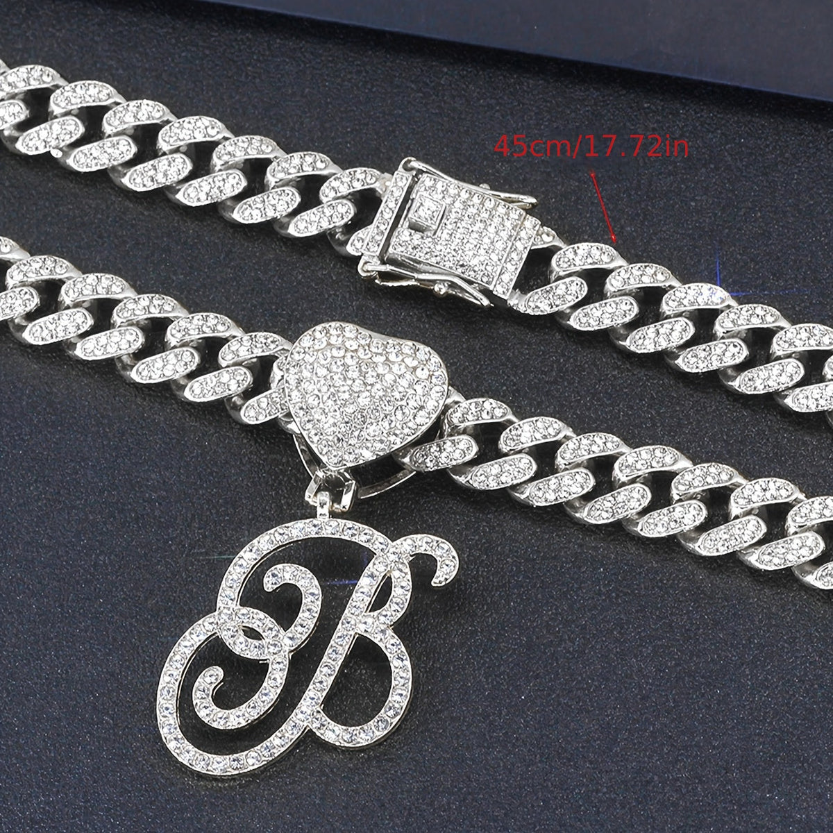 Initial Letter Necklace for Men & Women – Personalized A-Z Silver Cuban Chain with Heart Pendant, Hip Hop Style, 45cm / 17.71in, Perfect Gift for Sports Fans, Birthdays & Everyday Wear