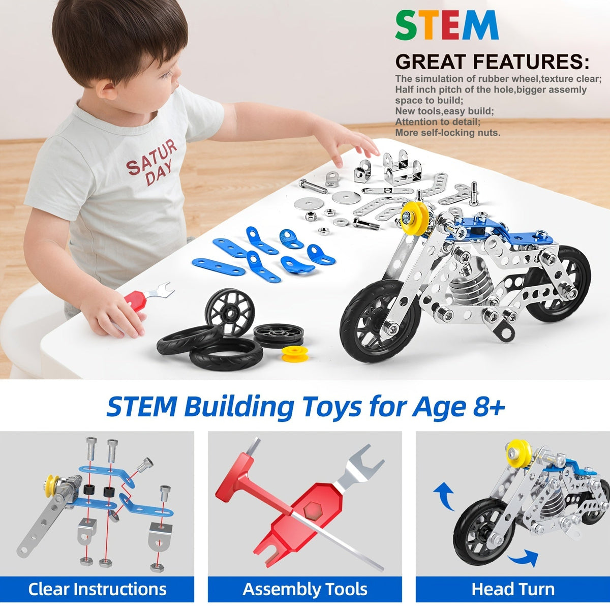 Metal Erector Set Motorcycle STEM Building Kit 139 Pieces for Kids Age 8+, 5-in-1 Multi-Shape Motorbike Construction Model Toy, STEAM Educational Engineering Gift for Boys Girls Teens