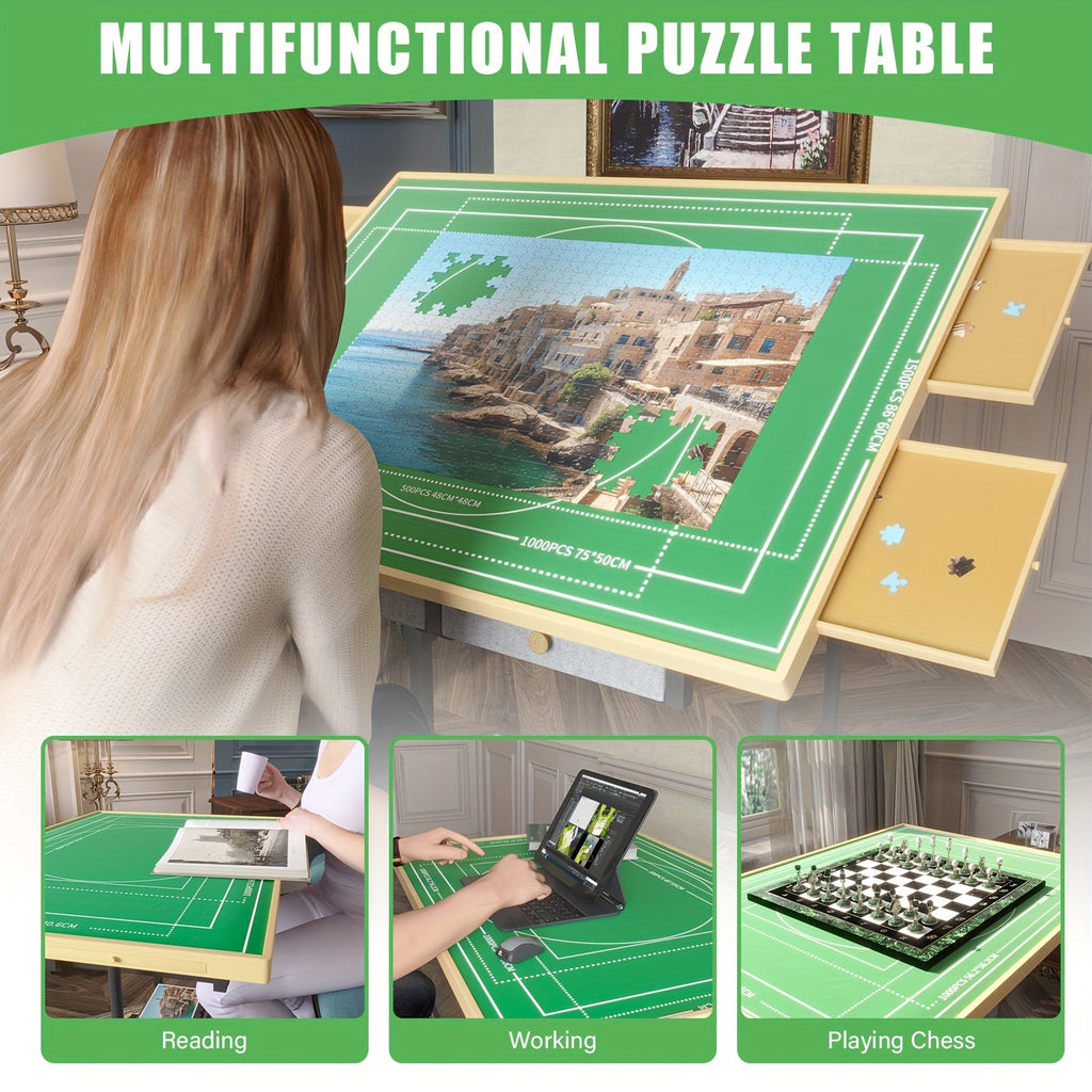Adjustable Puzzle Table with Legs – 35"x26" Wooden Jigsaw Puzzle Board with 5 Tilt Angles, 6 Drawers, Protective Cover & 4 Wheels for Adults, Fits Up to 1500 Pieces