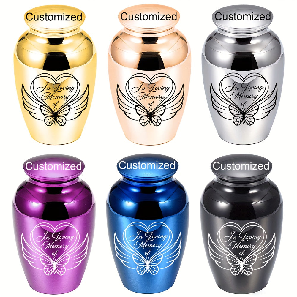 Personalized Mini Cremation Urn for Ashes - Custom Aluminum Alloy Keepsake Urn with Angel Heart Butterfly Pattern for Human & Pet Ashes, Small Memorial Ash Holder, Silver Gold Purple Lid Options