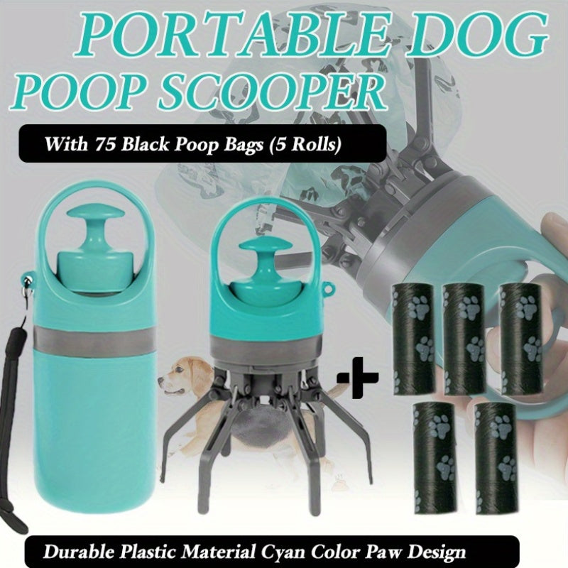 Portable Dog Poop Scooper Set with Bag Dispenser & 75 Poop Bags – 6-Piece Durable Plastic Waste Pick-Up Kit with Cute Paw Design, Works for All Dog Breeds, Outdoor Dog Walking Essential