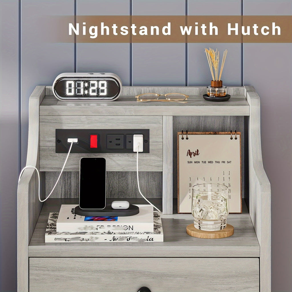 Nightstand with Charging Station – 2 USB Ports & 2 Outlets, Hutch & 3 Drawers, Bedroom End Table, Sofa Side Table for Living Room & Office, Gray or White