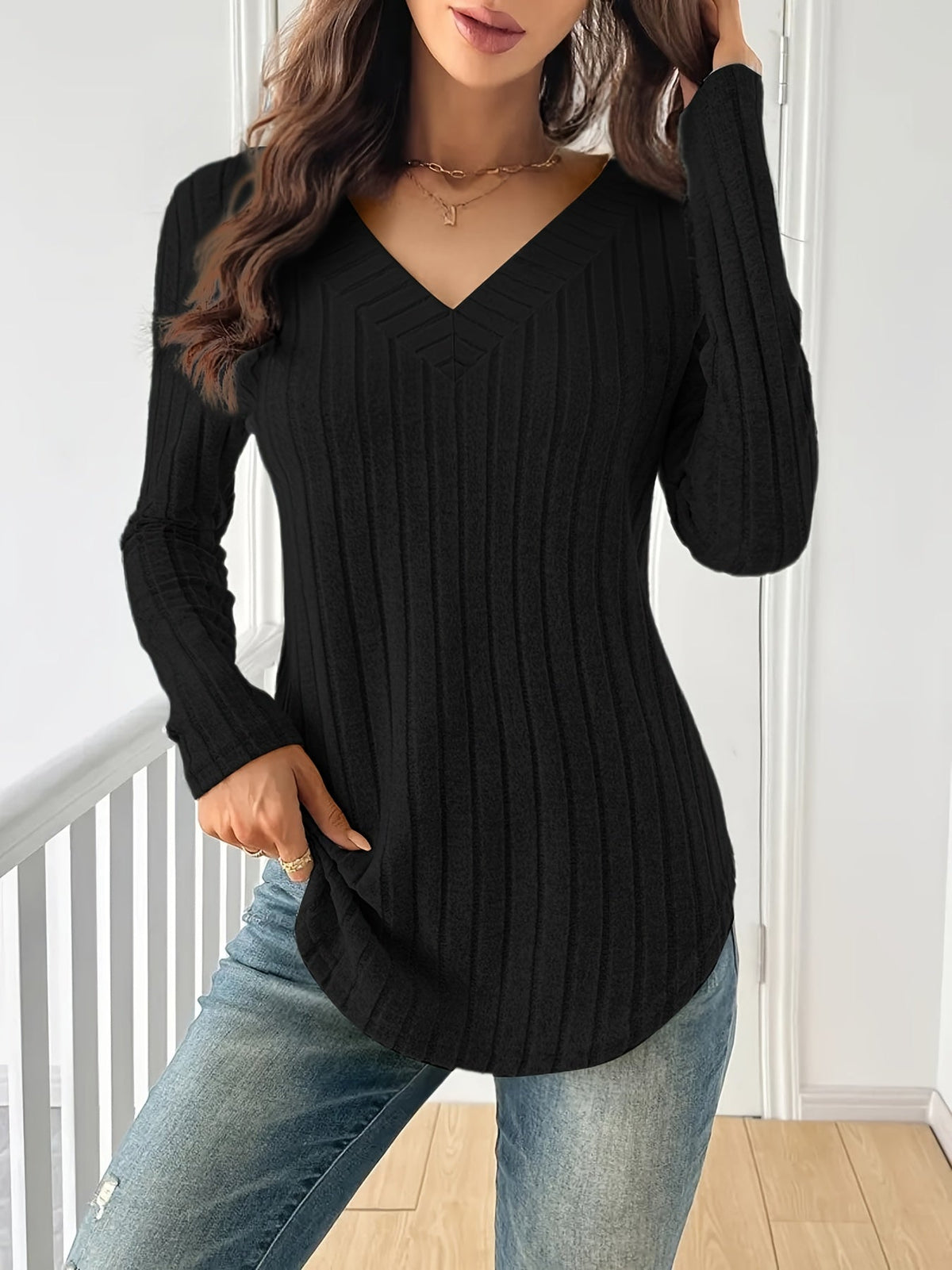 Women's Spliced V-Neck Ribbed Long Sleeve T-Shirt – Soft Stretch Solid Color Casual Top for Spring Fall Winter | Multi-Color S-XXL