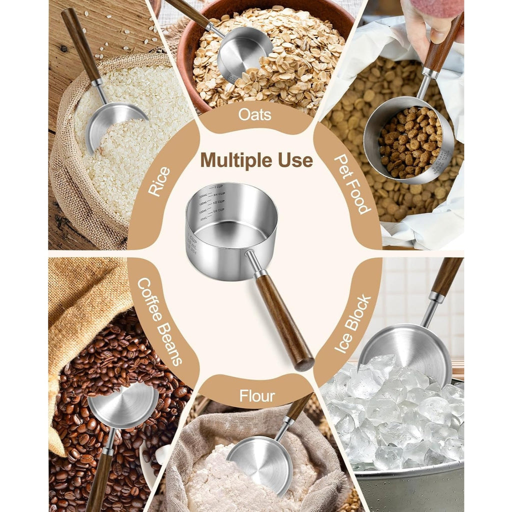 Stainless Steel Dog Food Scoop 1 Cup with Measuring Lines & Long Handle - Metal Pet Food Measuring Cup for Dogs & Cats - Durable Dog Cat Food Scoop with Cup & ML Markings for Accurate Portion Control