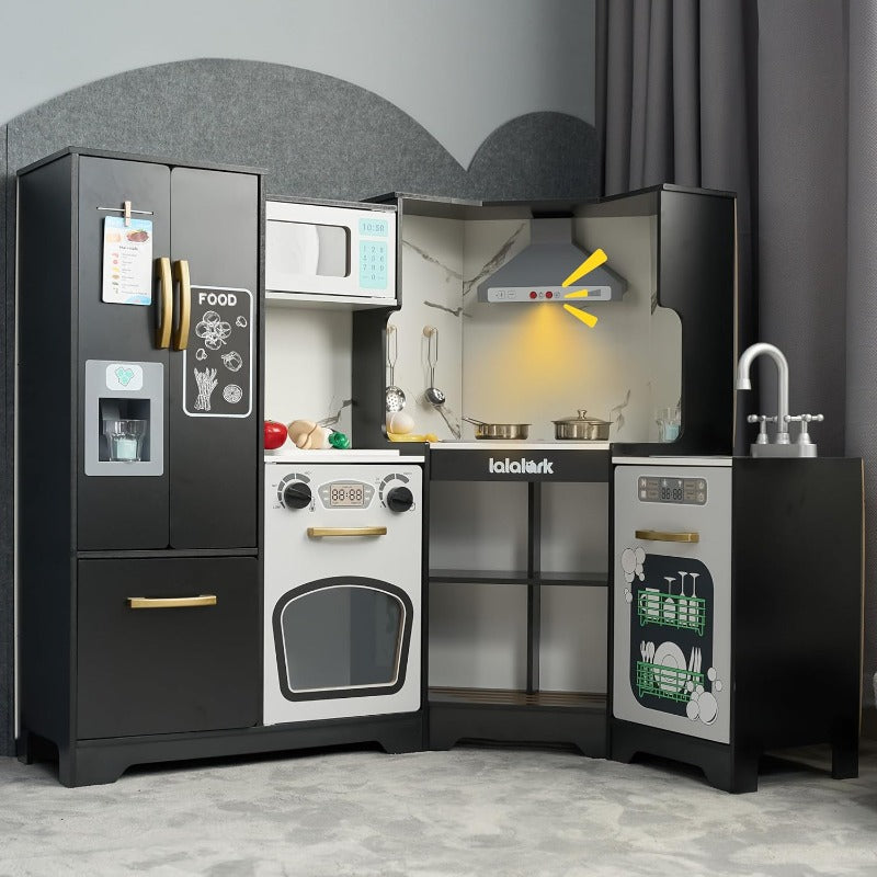 Wooden Corner Play Kitchen Set for Kids – Real Lights & Sounds, Double-Door Fridge, Ice Maker, Stovetop, Oven, Microwave & Accessories – ASTM & CPSIA Safe – Best Birthday Gift for Boys & Girls