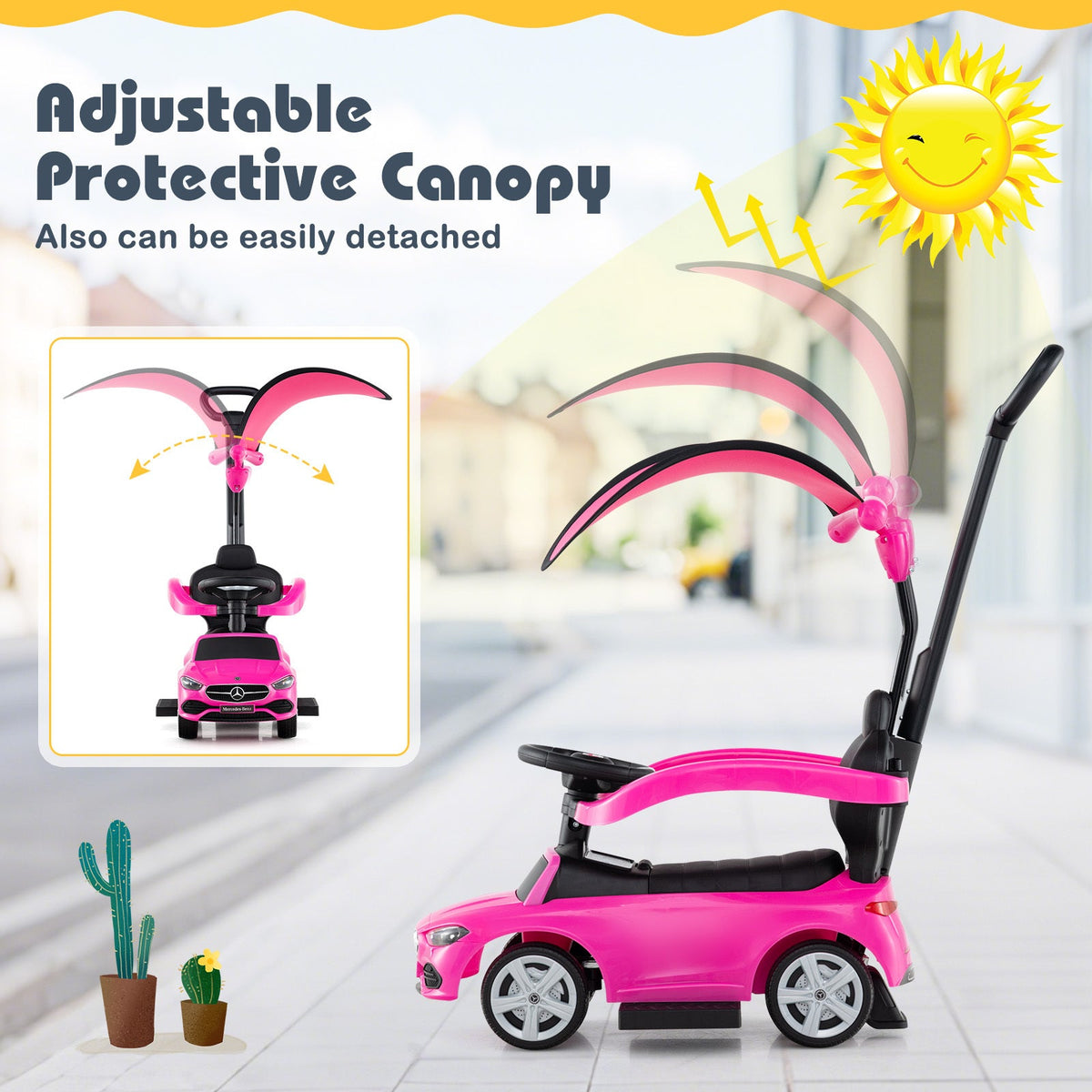 Mercedes-Benz Licensed 3-in-1 Ride-On Push Car for Toddlers 18-36 Months, Kids Sliding Car with Steering Wheel Sound, Push Bar, Adjustable Canopy & Under-Seat Storage - Pink Baby Walker Stroller Gift
