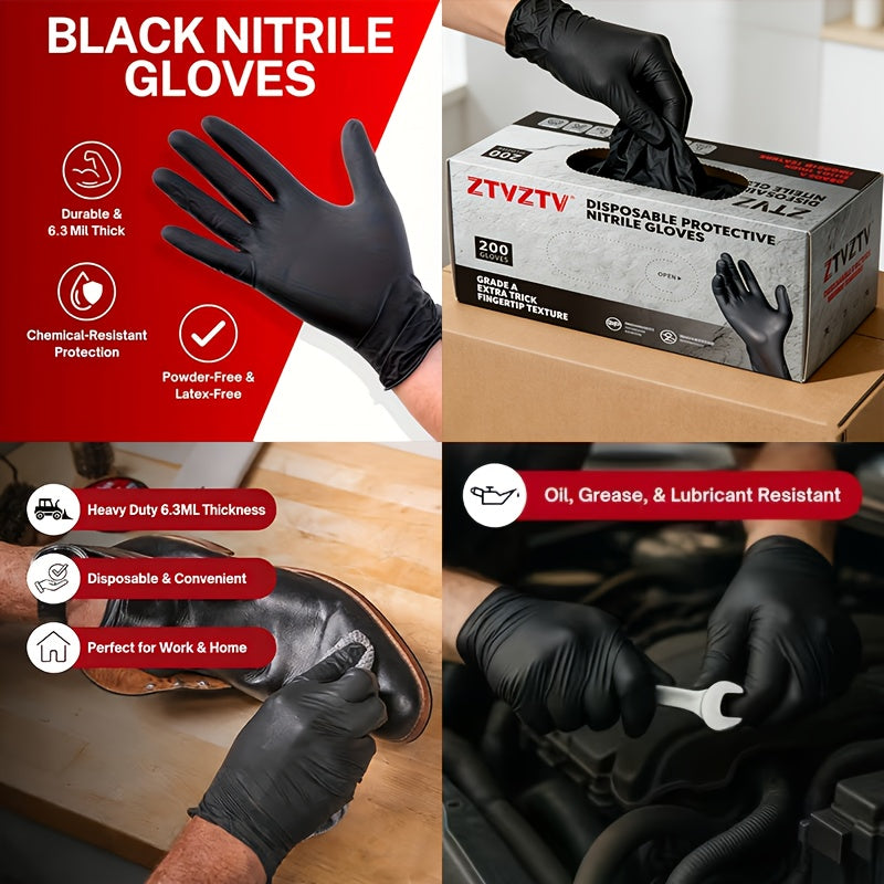 Black Nitrile Disposable Gloves 200 Pack Latex-Free Chemical Resistant High-Density Flexible Fit Industrial Grade for Cleaning Tattooing Painting Car Washing – S M L XL