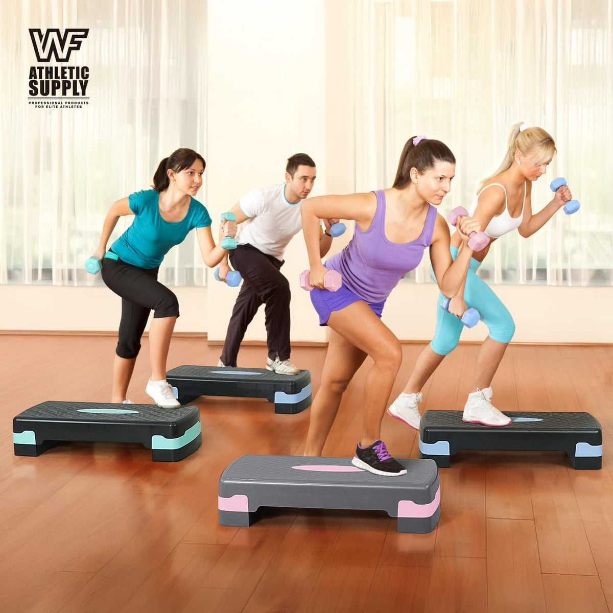 Adjustable Height Aerobic Stepper Set with 2 Dumbbells & Measuring Tape – Non-Slip Exercise Step Platform with Level Risers, 550 LB Capacity, Home Gym Workout Equipment for Cardio & Weight Loss