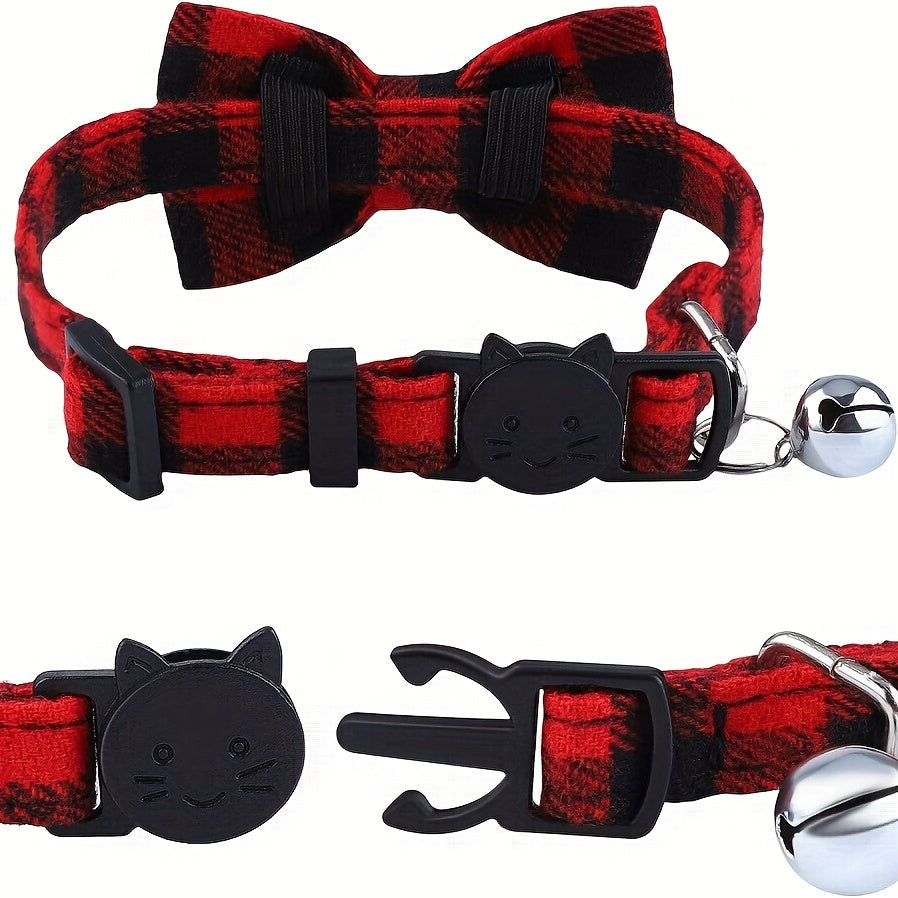Cat Collars with Bells 4 Pack - Adjustable 7.5-12 Inch Plaid Breakaway Safety Buckle Collar with Bell & Bow for Kittens and Small Dogs, Cute Plaid Pattern, Comfortable Fabric, Multi-Color Set