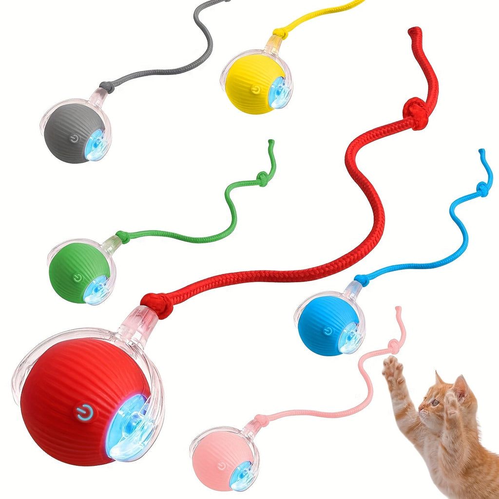 LED Rolling Cat Toy Ball with Tail Rope - Smart Self-Rolling Electric Interactive Ball for Cats & Puppies, Automatic Teasing Jumping Ball for Cat Exercise, Boredom Relief & Indoor Play